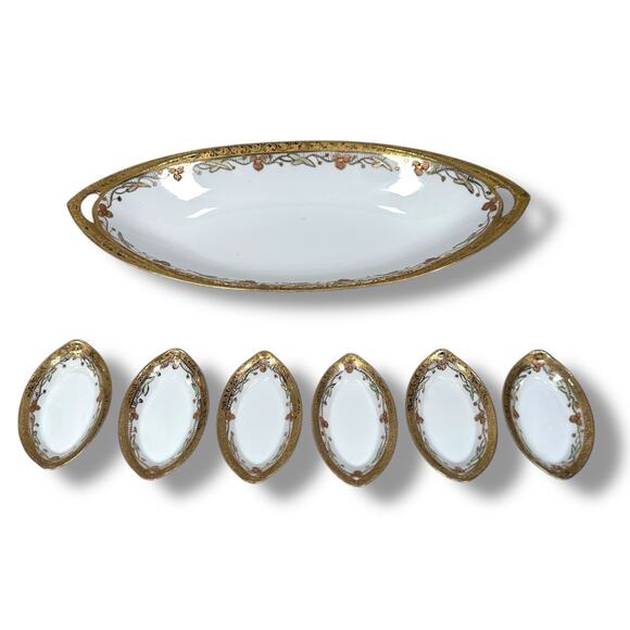 Vintage Nippon Celery Dish w/ 6 Matching Salt Dishes White Gold Floral Morimura - Picture 1 of 12